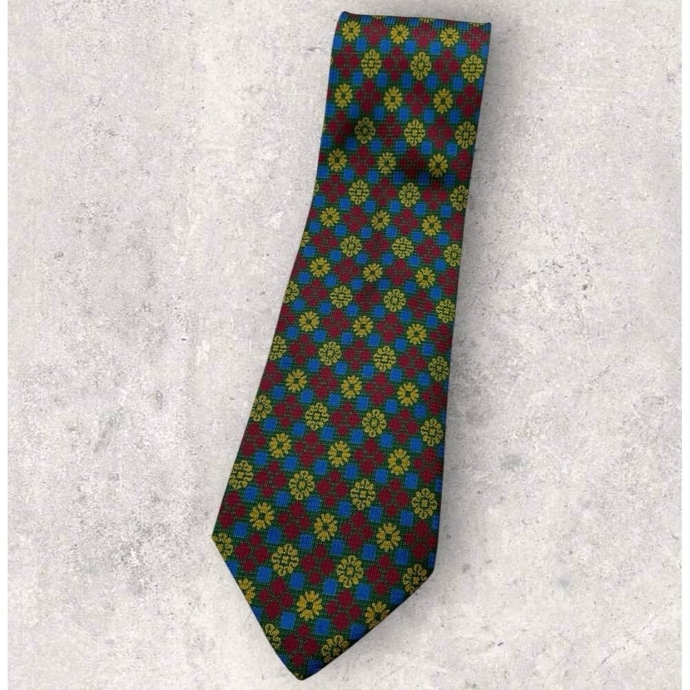 FENDI Silk Tie ITALY Green Red Yellow Geometric Floral W:3.7" EUC